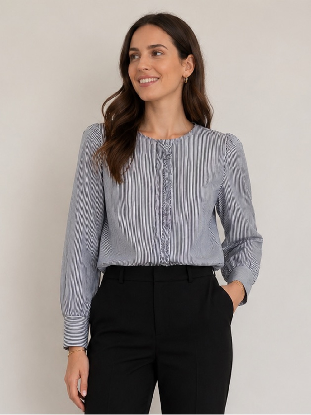 Simons - Ruffle Front Pinstripe Shirt - S - China